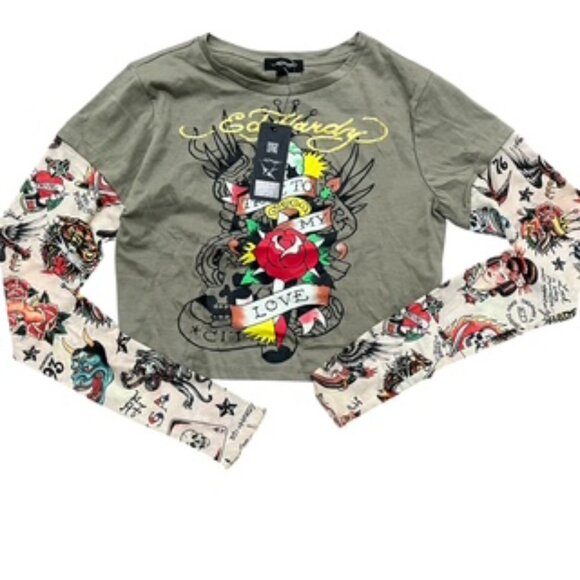 New Ed Hardy T-shirt Women’s Size Medium Tattoo Mesh Sleeves Cropped NWT - Picture 1 of 10